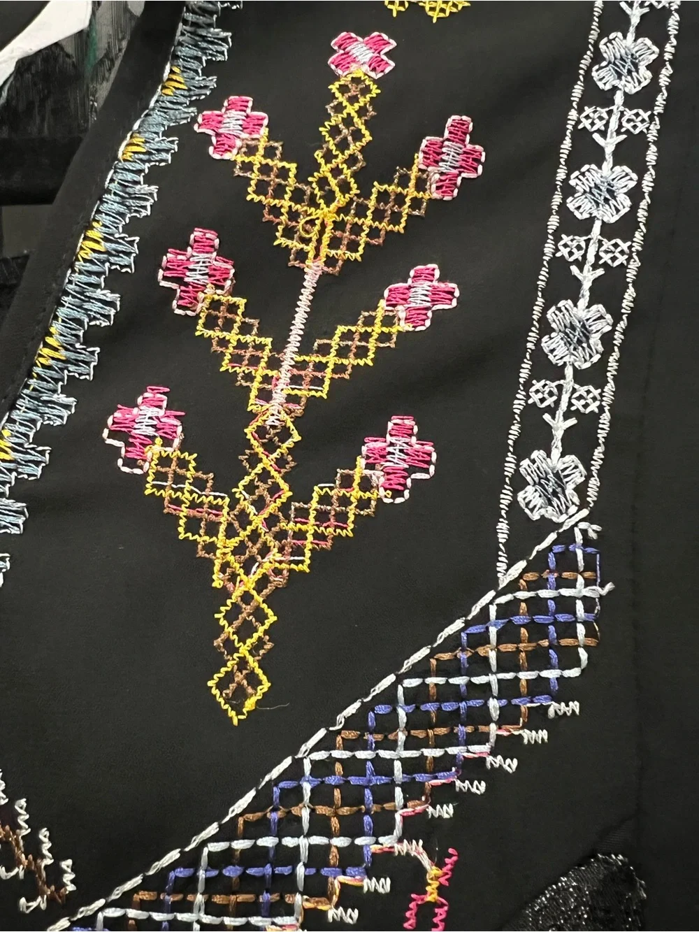 Black Embroidered Peasant Blouse with Beaded Tie and sheer jacquard sleeves M